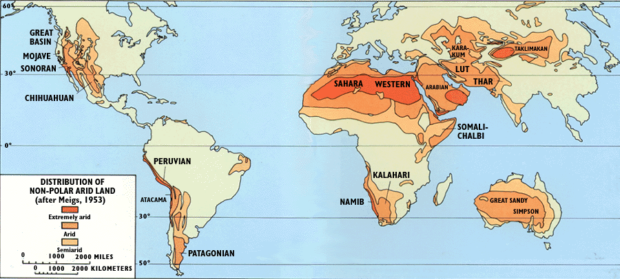 Distribution of Non-Polar Arid Land by Meigs (1953)