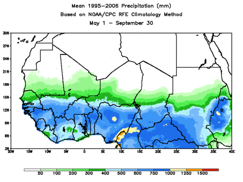 10-year average precipitation during the summer rainy season (May - September) in the Sahel and adjacent regions