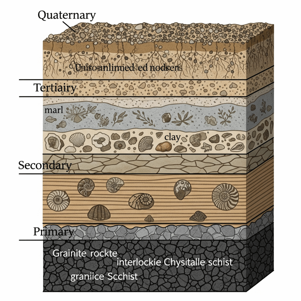 A simplified representation of Giovanni Arduino's historical classification of Earth's rock layers into four "orders": Primary, Secondary, Tertiary, and Quaternary.