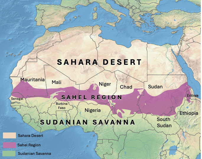 sahara desert
sahel region
sudanian savanna