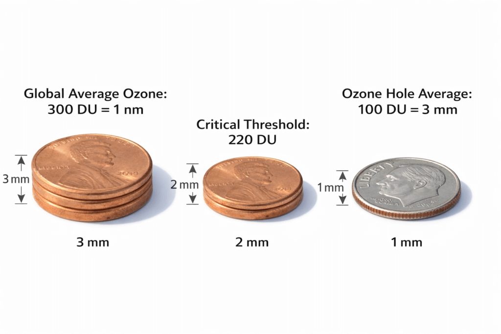 This comparison uses U.S. coins to illustrate the scale of the ozone layer. If compressed to the Earth's surface at standard temperature and pressure, a healthy global average of 300 DU would only be as thick as two pennies (3 mm), while an "ozone hole" of 100 DU would be as thin as a single dime (1 mm).

A side-by-side comparison explaining the Dobson Unit (DU) for measuring ozone. On the left, two stacked copper pennies represent a "Global Average Ozone" of 300 DU, totaling 3 mm in thickness. On the right, a single silver dime represents an "Ozone Hole Average" of 100 DU, measuring 1 mm in thickness. The image demonstrates that even a healthy ozone layer is remarkably thin.