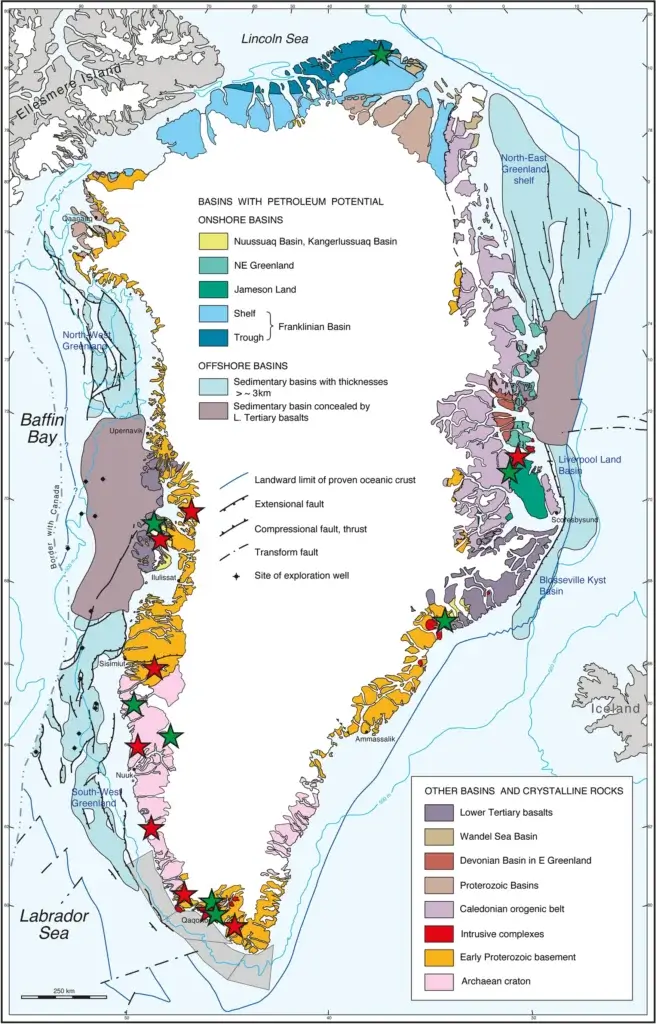 A detailed geological map of Greenland, showcasing onshore and offshore basins with petroleum potential, tectonic fault lines, and crystalline rock types including the Archaean craton and Caledonian orogenic belt.