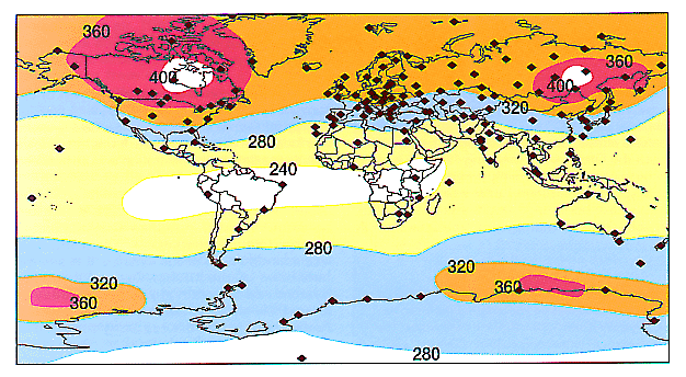 Global Ozone Variability: This map illustrates how Dobson Units (DU) vary by latitude. While the tropics produce the most ozone via solar radiation, large-scale circulation moves it toward the poles. The dots represent the critical ground-based stations that monitor these levels to detect changes in the ozone layer's health.