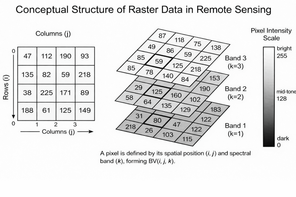 This figure presents a conceptual illustration of raster data structure in remote sensing, including spatial dimensions (rows i, columns j), stacked spectral bands (k), and pixel intensity values for 8-bit raster data (0–255)