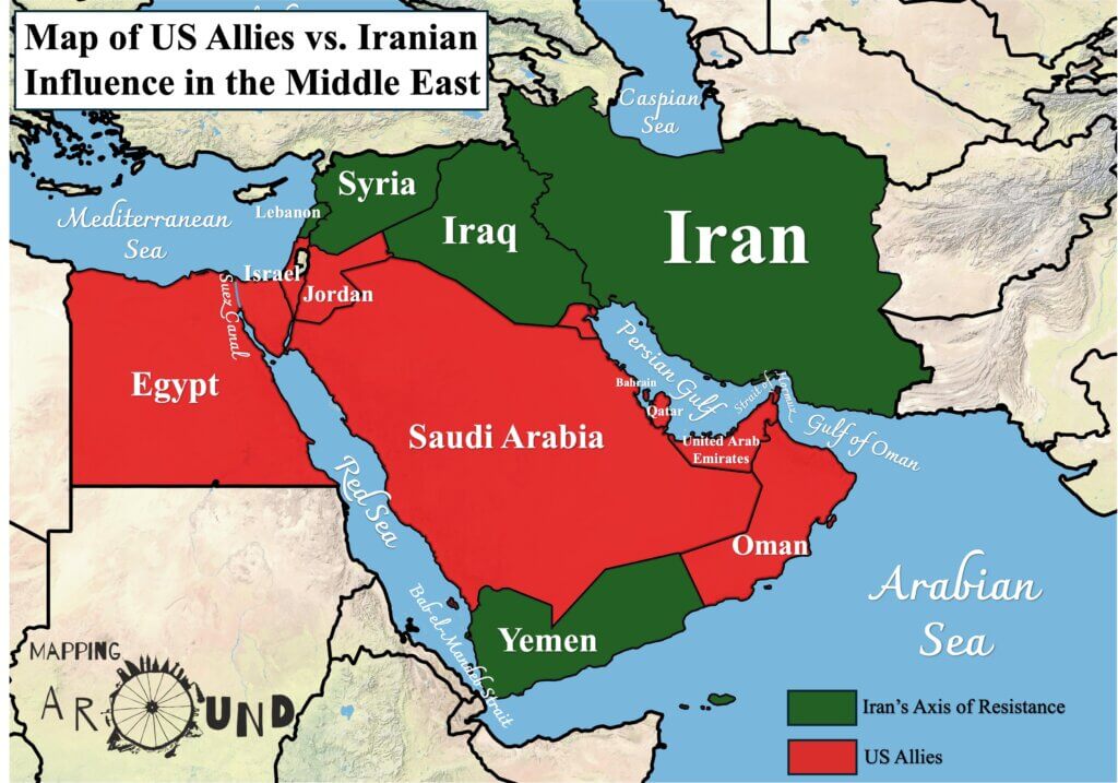 Geopolitical map of the Middle East in 2026 showing Iran's 'Axis of Resistance' shaded in green, US Allies in red, and the two strategic land bridge routes connecting Tehran to the Mediterranean Sea via Iraq and Syria.