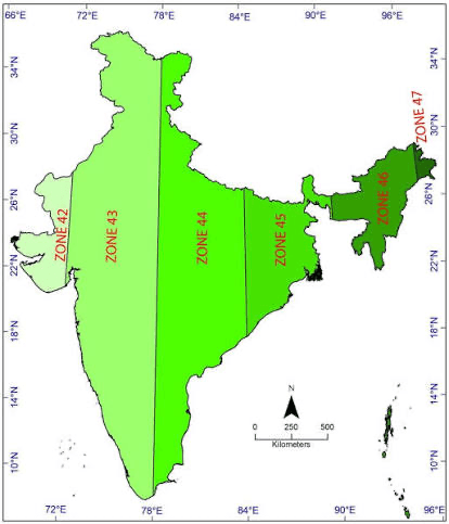 India shown across UTM zones