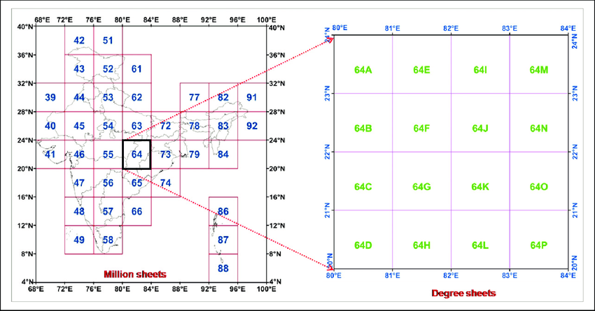 Million sheets over India with Sheet 64 enlarged into degree sheets